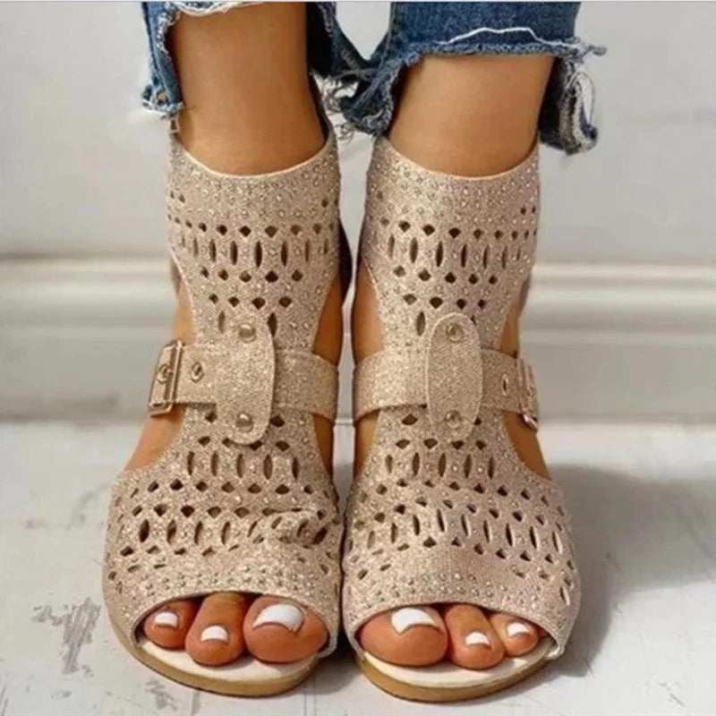 Women's beige rivet flat sandals with back zipper and fish mouth toe design