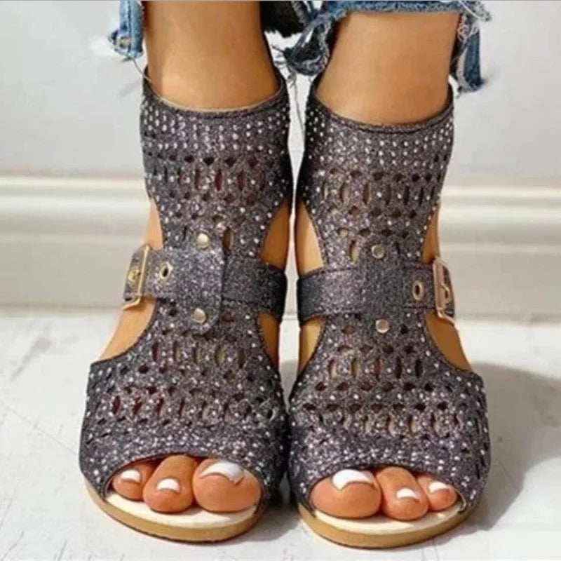 Women's beige rivet flat sandals with back zipper and fish mouth toe design
