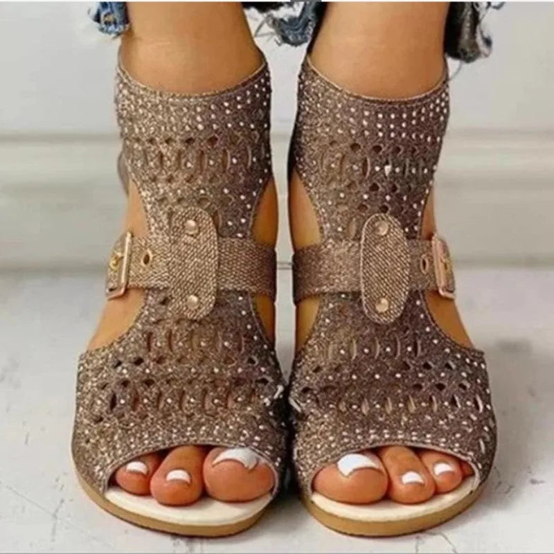 Women's beige rivet flat sandals with back zipper and fish mouth toe design