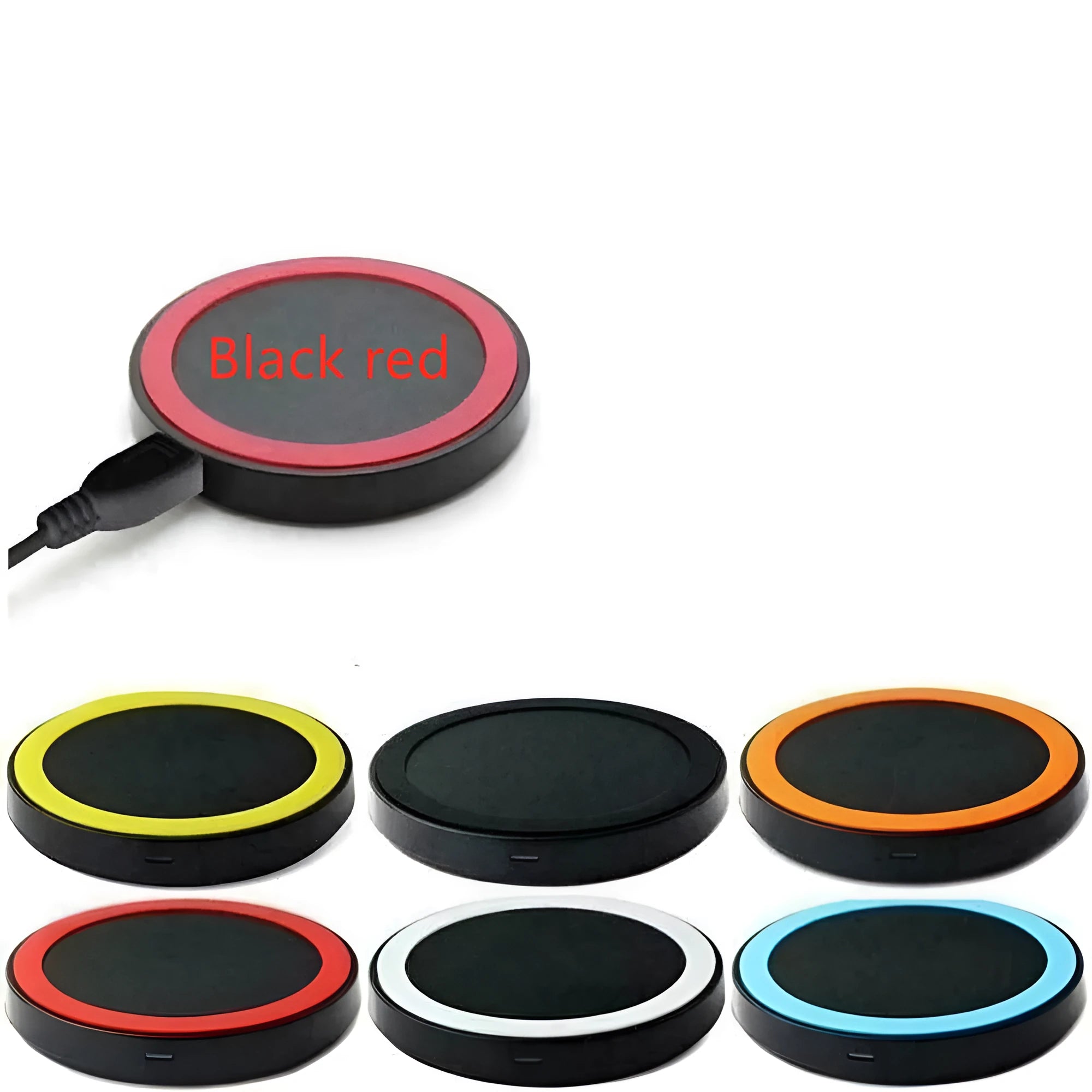 Square Qi wireless charging pad for mobile phones in multiple colours on a desk.