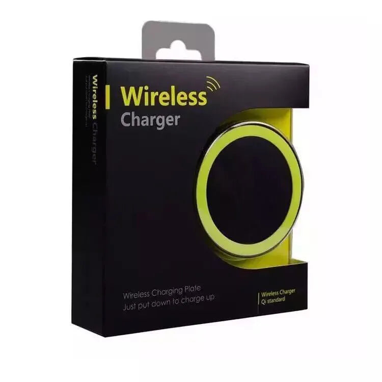 Square Qi wireless charging pad for mobile phones in multiple colours on a desk.