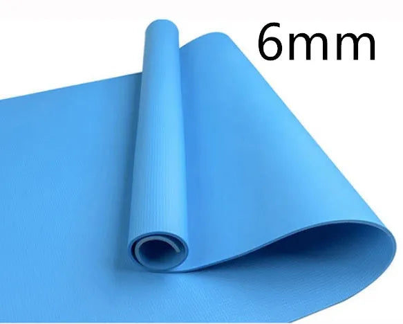 Red and blue EVA fitness yoga mats showing 4mm and 6mm thickness options on a wooden floor.