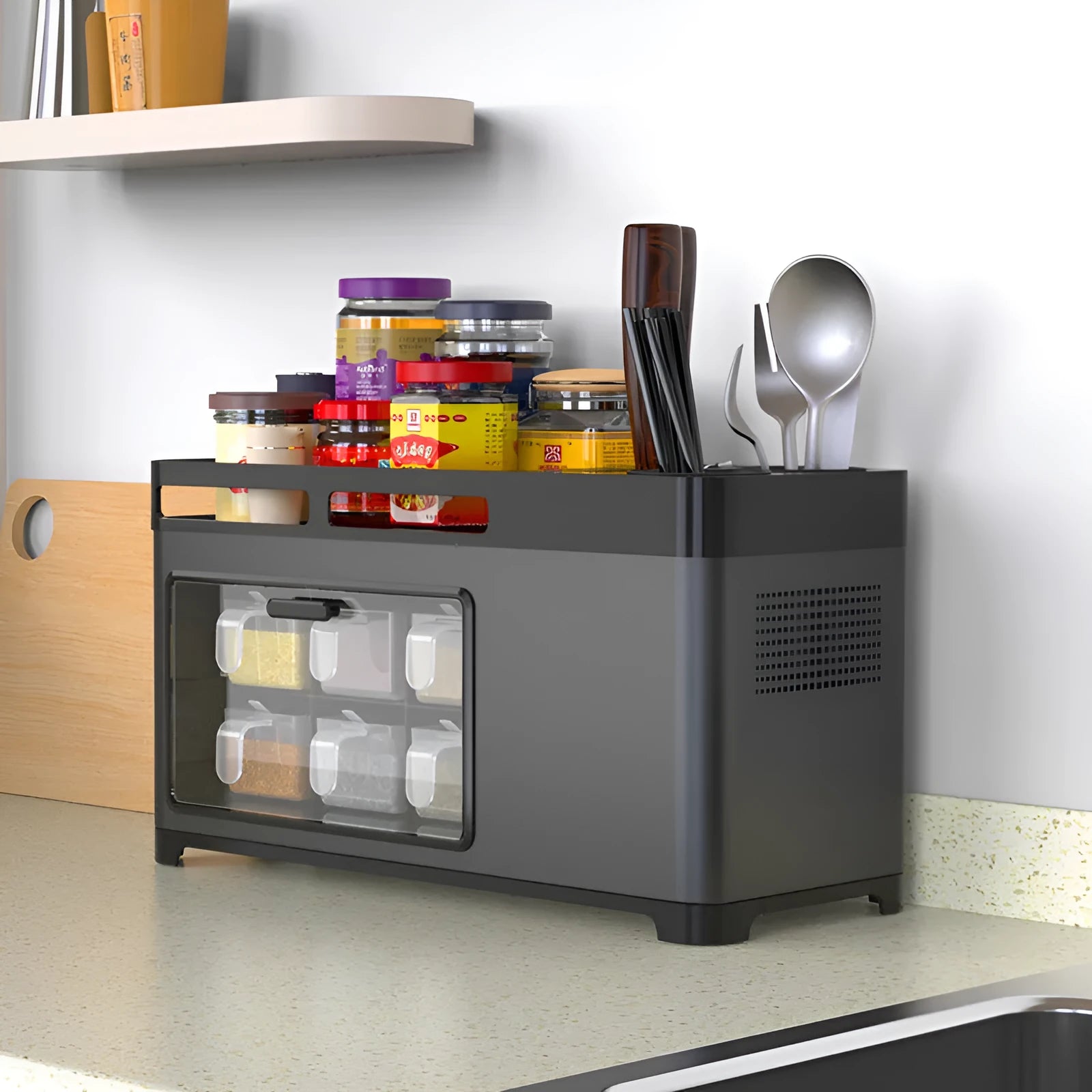 Multifunctional PP stainless steel kitchen storage box with lid holding seasoning bottles chopsticks and knives on a shelf