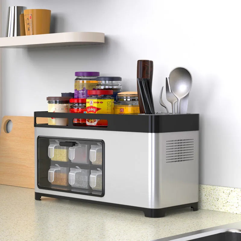 Multifunctional PP stainless steel kitchen storage box with lid holding seasoning bottles chopsticks and knives on a shelf