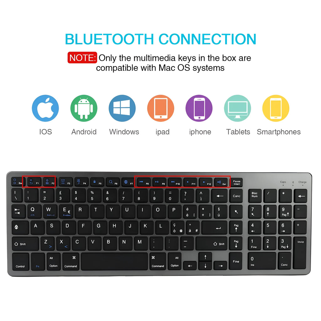 Ultra-thin white Bluetooth keyboard for iPad tablets and mobile phones with 104 keys