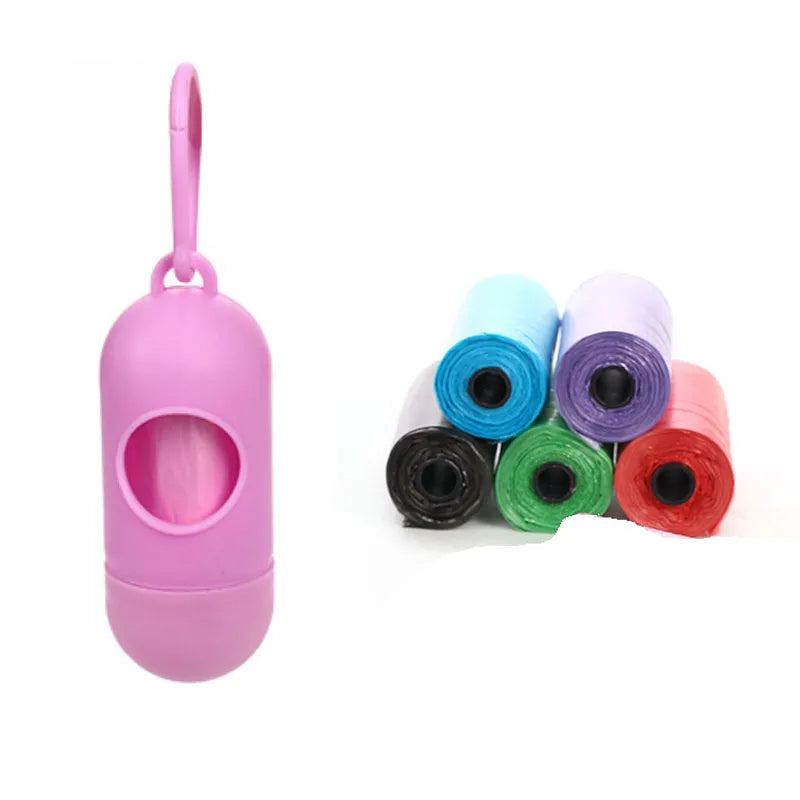 Roll of coloured disposable pet waste bags showing black, blue, green, light blue, pink, and purple options.