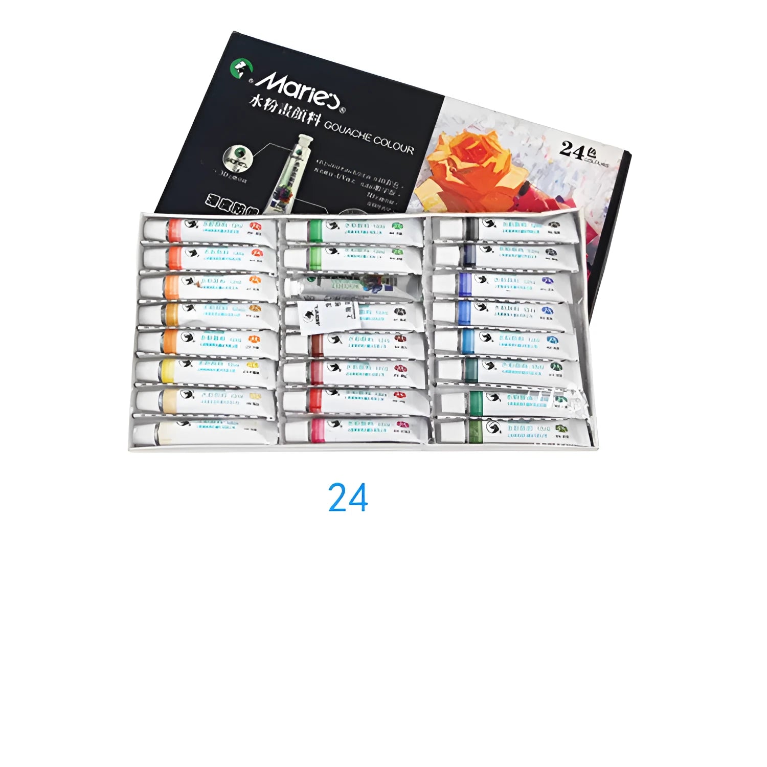 Boxed set of Marley gouache paint tubes in 12, 18, 24, or 36 colours with 5ml or 12ml capacity.