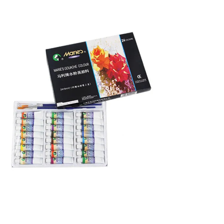 Boxed set of Marley gouache paint tubes in 12, 18, 24, or 36 colours with 5ml or 12ml capacity.