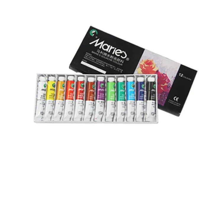 Boxed set of Marley gouache paint tubes in 12, 18, 24, or 36 colours with 5ml or 12ml capacity.