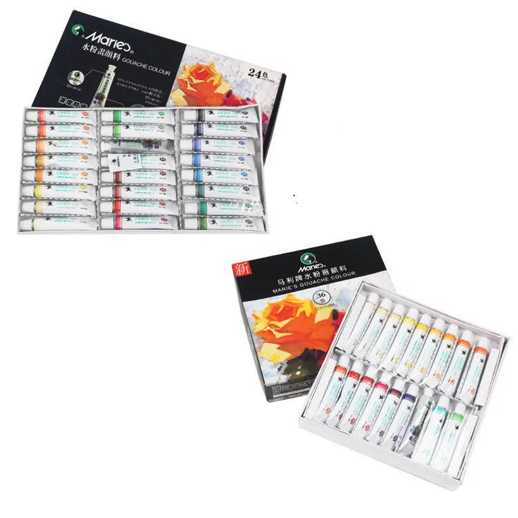 Boxed set of Marley gouache paint tubes in 12, 18, 24, or 36 colours with 5ml or 12ml capacity.