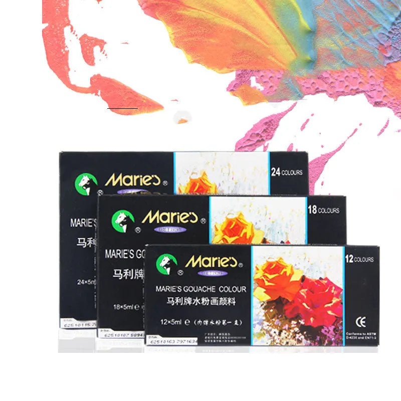 Boxed set of Marley gouache paint tubes in 12, 18, 24, or 36 colours with 5ml or 12ml capacity.