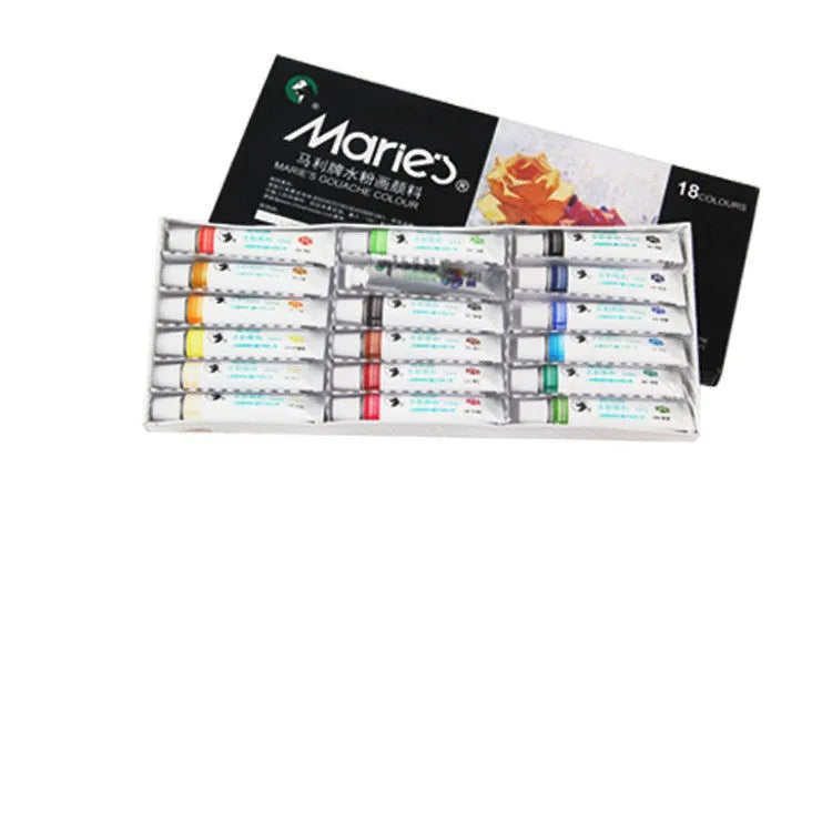 Boxed set of Marley gouache paint tubes in 12, 18, 24, or 36 colours with 5ml or 12ml capacity.