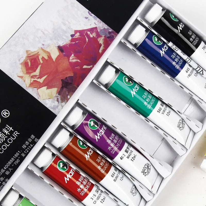 Boxed set of Marley gouache paint tubes in 12, 18, 24, or 36 colours with 5ml or 12ml capacity.