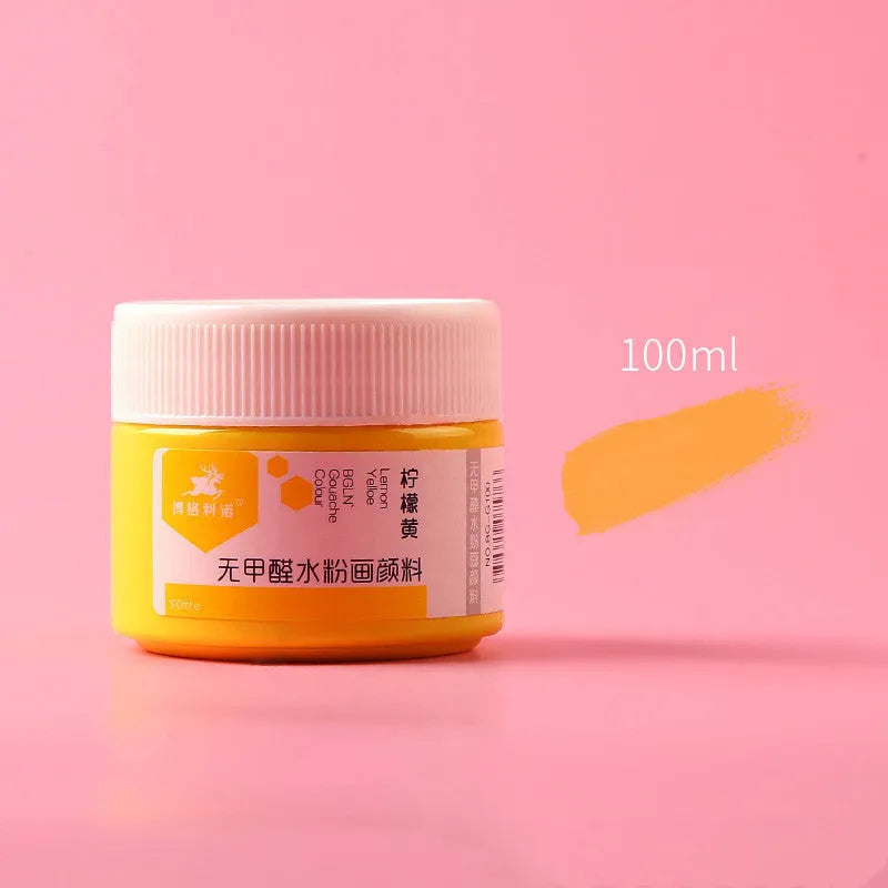 100g bottle of gouache paint for beginners and children, shown in one of eight available colours.