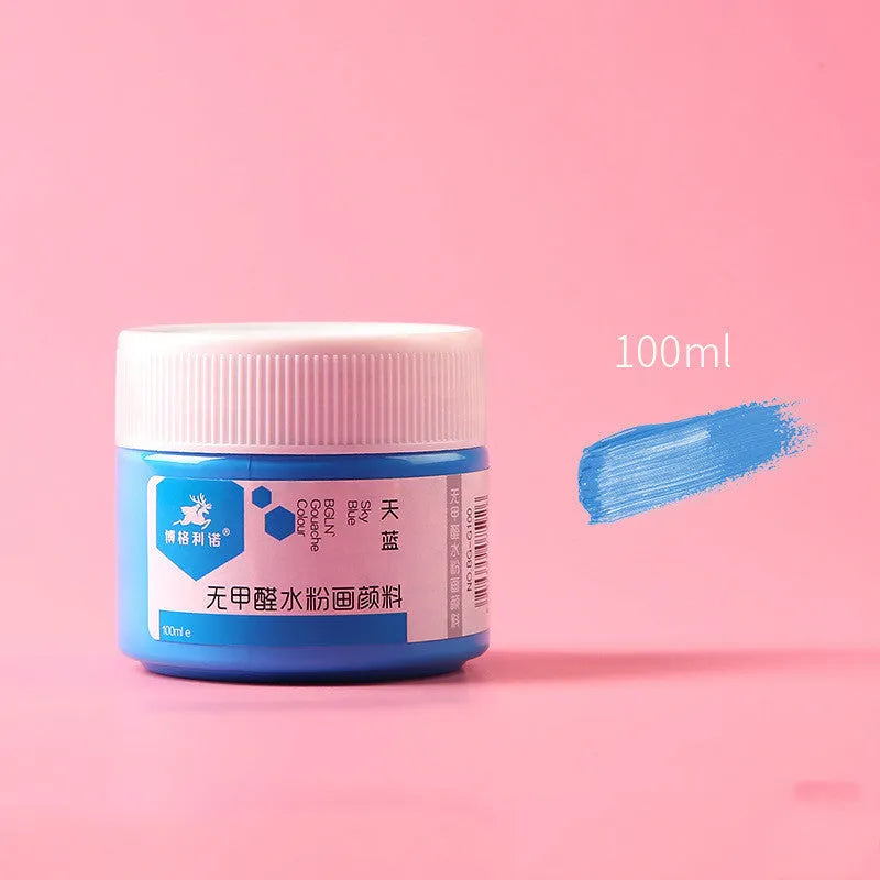 100g bottle of gouache paint for beginners and children, shown in one of eight available colours.