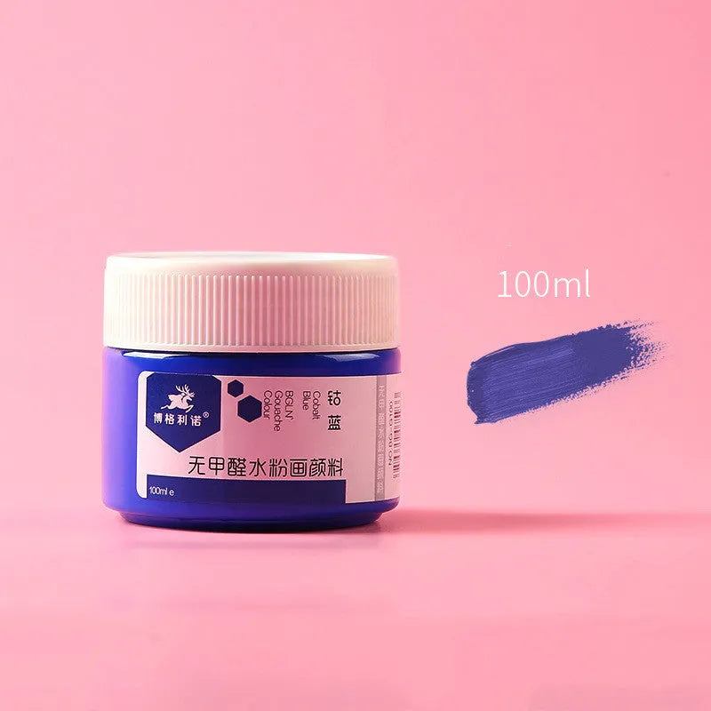 100g bottle of gouache paint for beginners and children, shown in one of eight available colours.