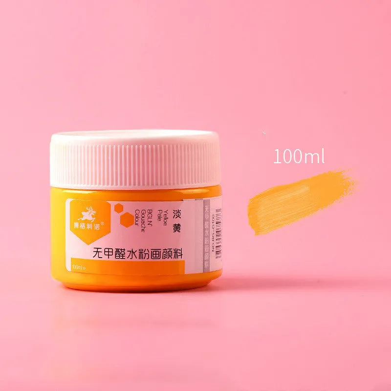 100g bottle of gouache paint for beginners and children, shown in one of eight available colours.