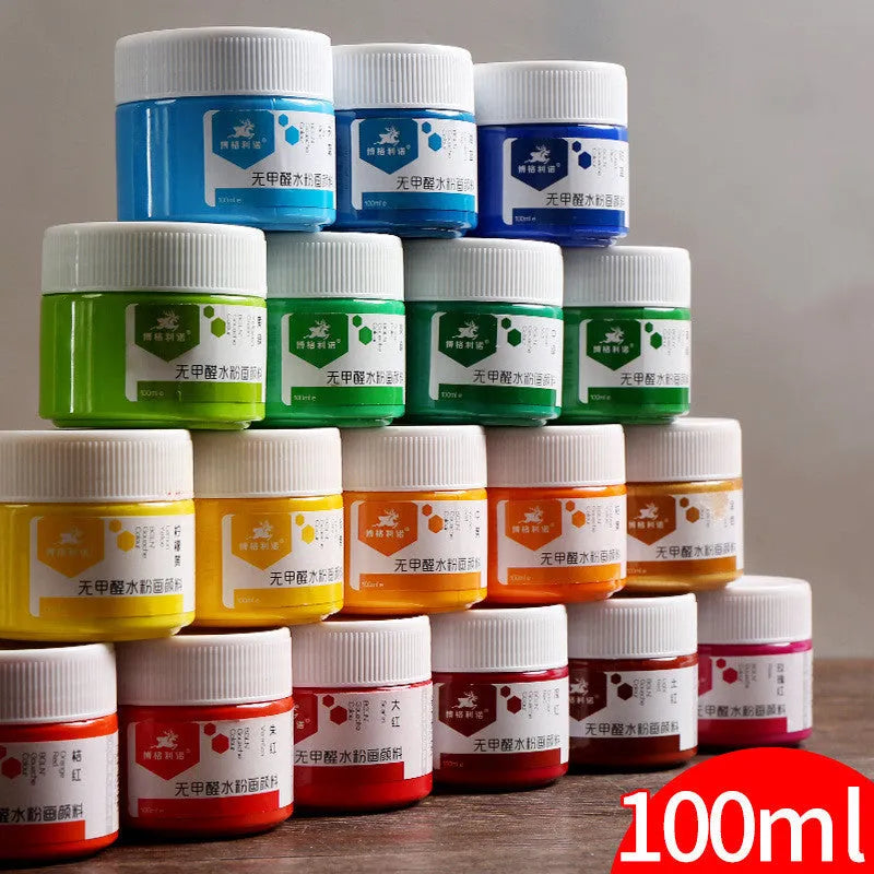 100g bottle of gouache paint for beginners and children, shown in one of eight available colours.