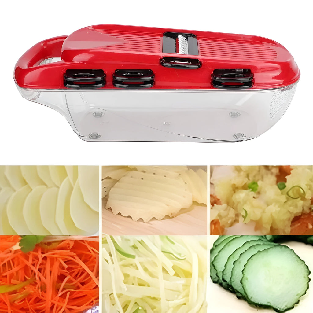 Red multi-function vegetable cutter with seven stainless steel blades, plastic container, and safety hand guard