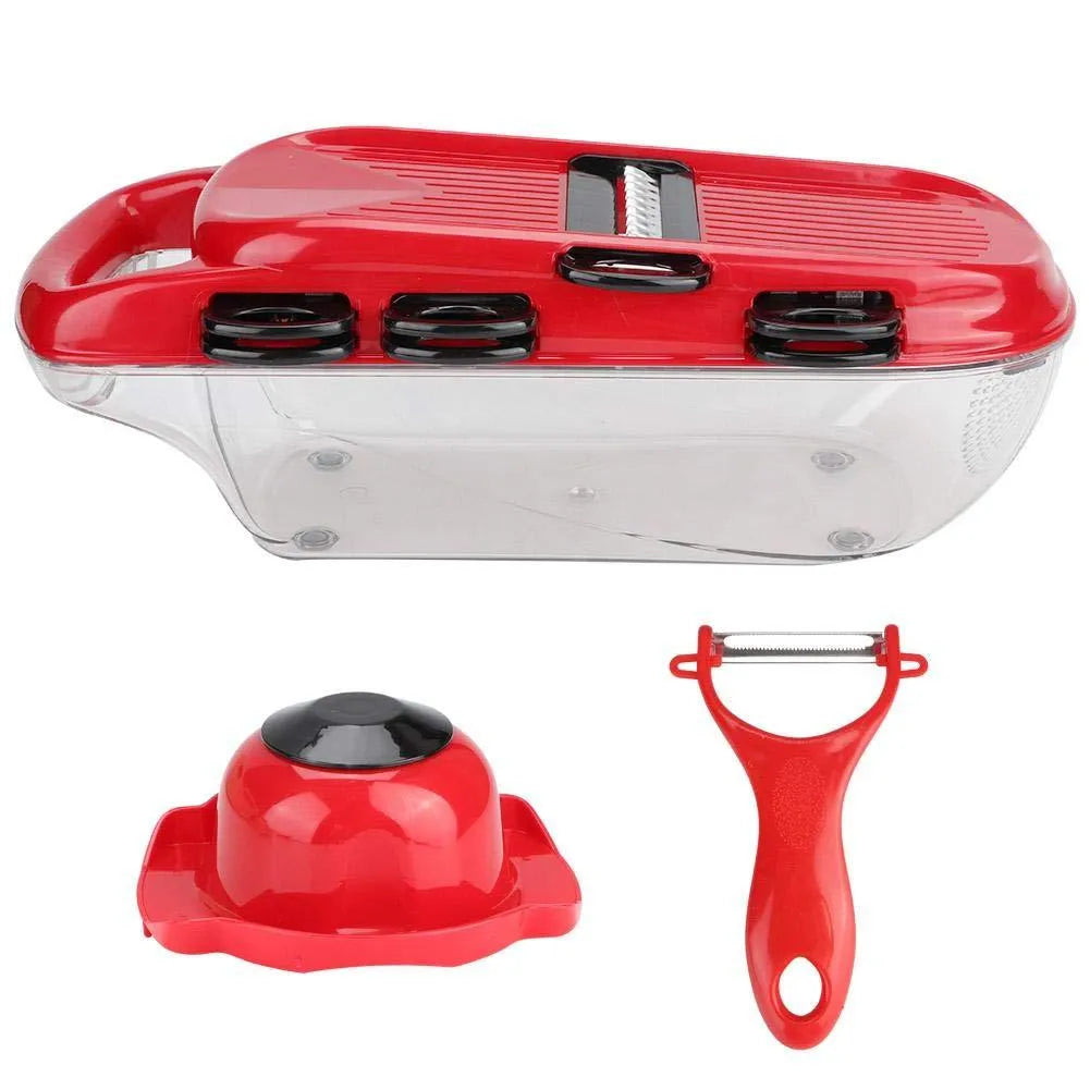 Red multi-function vegetable cutter with seven stainless steel blades, plastic container, and safety hand guard