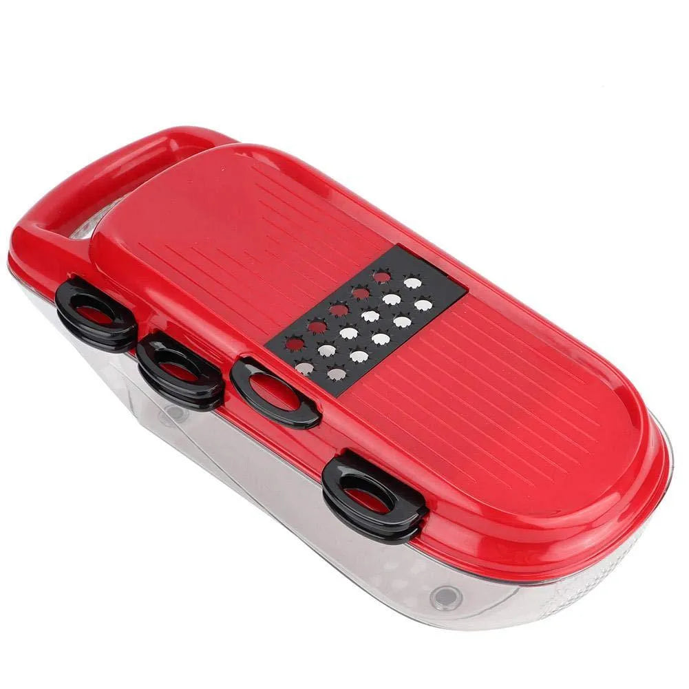 Red multi-function vegetable cutter with seven stainless steel blades, plastic container, and safety hand guard