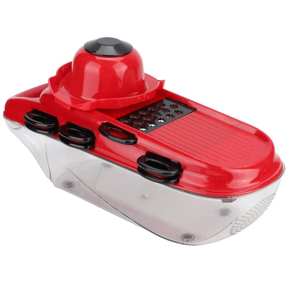 Red multi-function vegetable cutter with seven stainless steel blades, plastic container, and safety hand guard