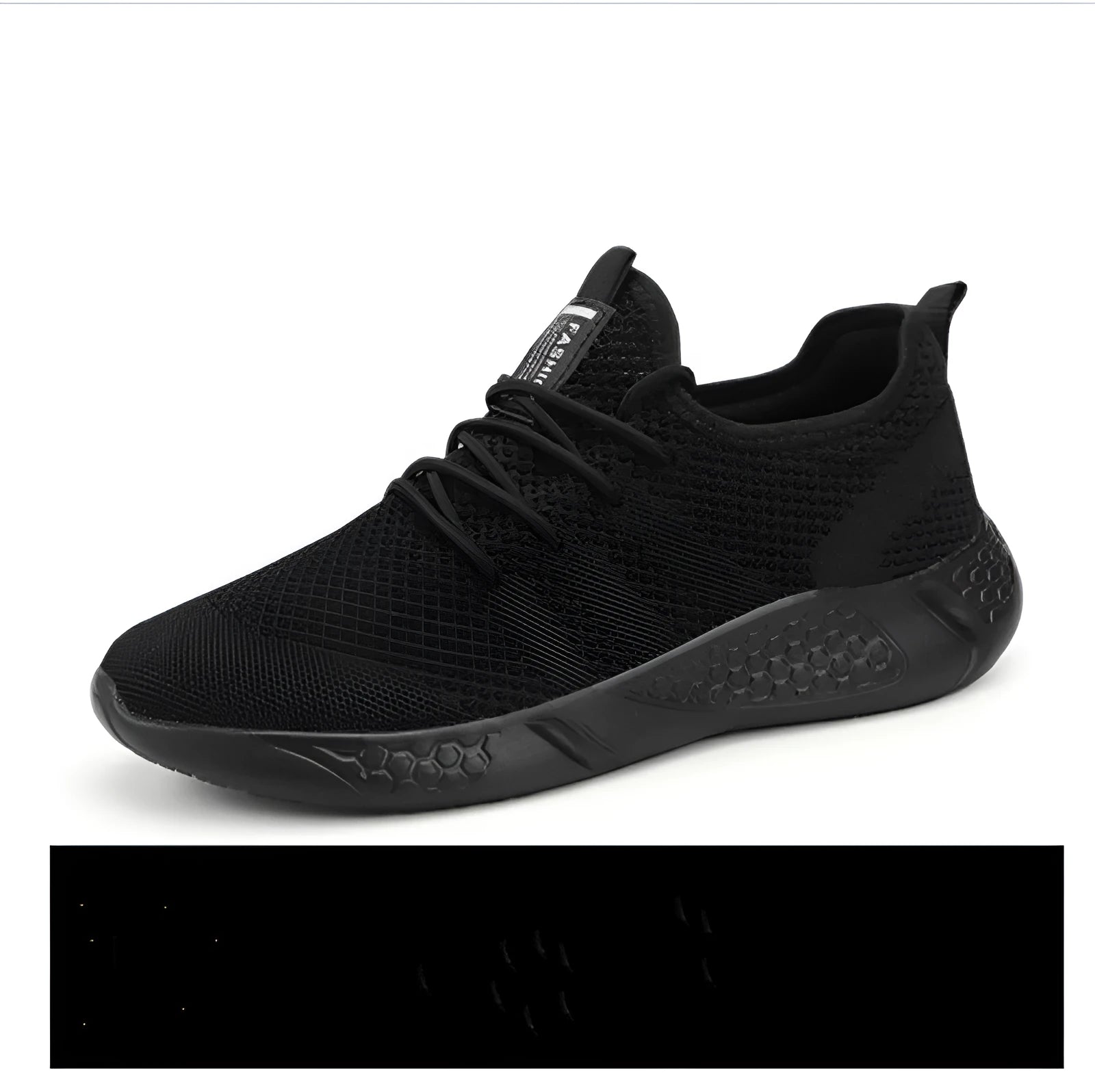 Men's black and white mesh sneakers with PVC sole and lace-up closure for casual jogging