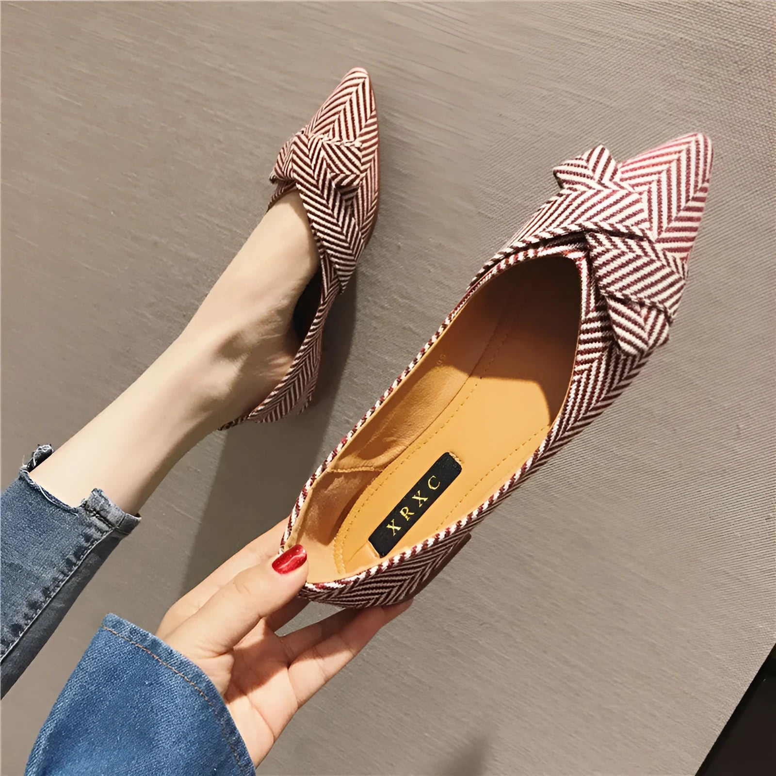 Women's red and black Korean-style pointed toe low-heel court shoes with cotton upper.