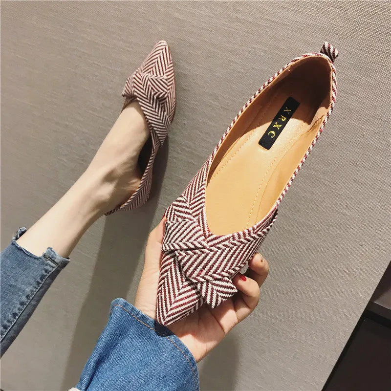 Women's red and black Korean-style pointed toe low-heel court shoes with cotton upper.