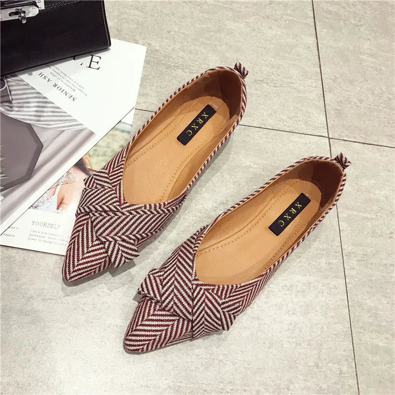 Women's red and black Korean-style pointed toe low-heel court shoes with cotton upper.