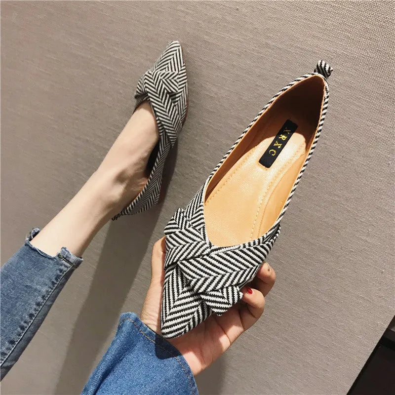Women's red and black Korean-style pointed toe low-heel court shoes with cotton upper.