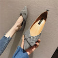 Women's red and black Korean-style pointed toe low-heel court shoes with cotton upper.