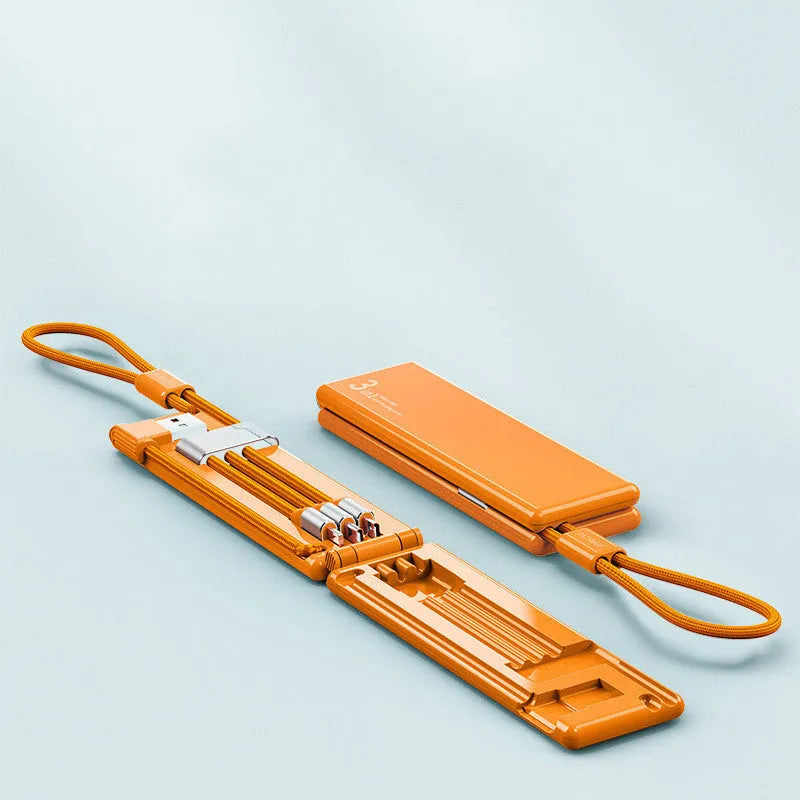 Black 3-in-1 portable charging cable showing iPhone, Type-C and Micro USB connectors.