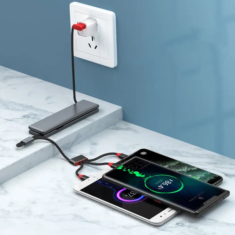 Black 3-in-1 portable charging cable showing iPhone, Type-C and Micro USB connectors.