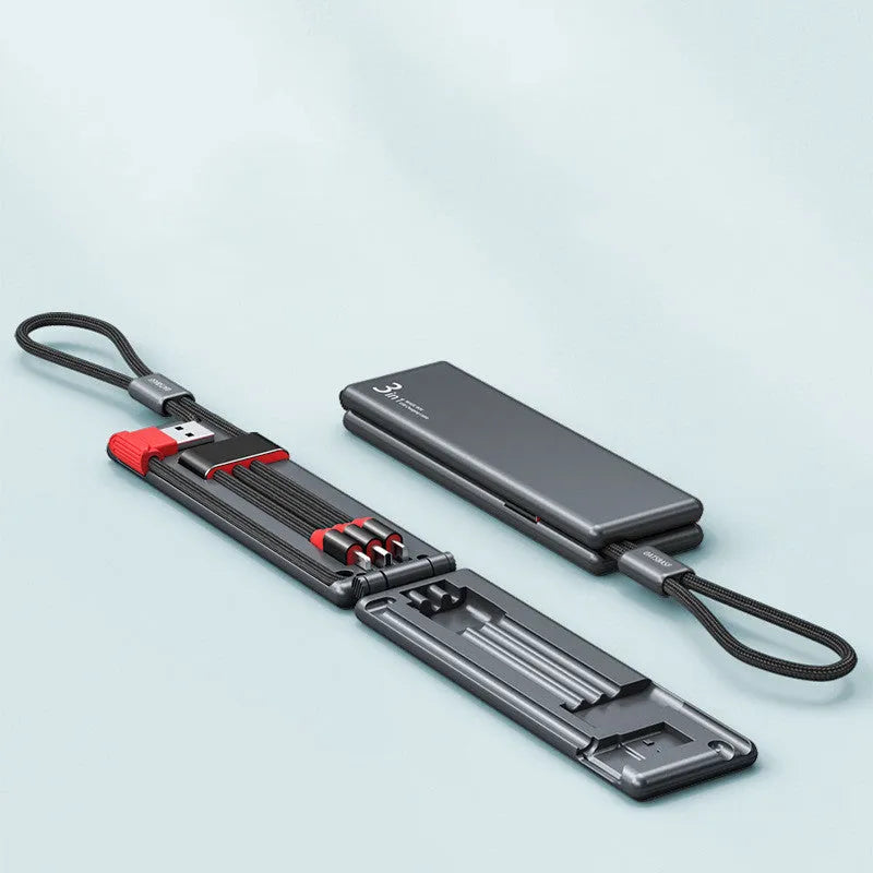 Black 3-in-1 portable charging cable showing iPhone, Type-C and Micro USB connectors.
