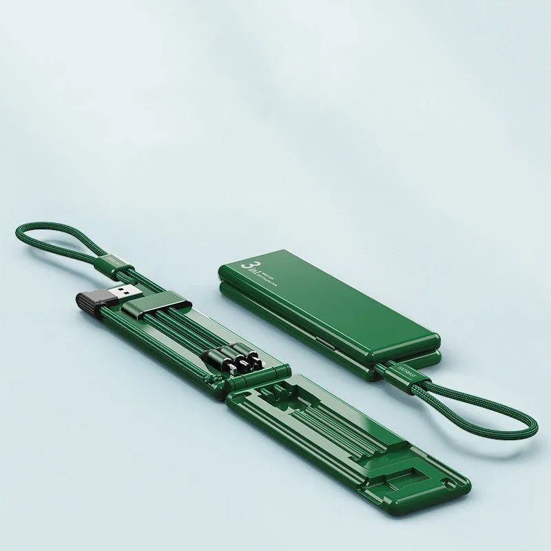 Black 3-in-1 portable charging cable showing iPhone, Type-C and Micro USB connectors.
