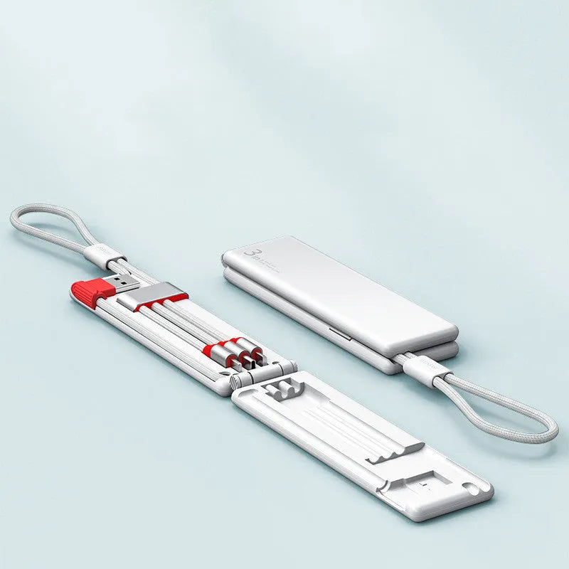 Black 3-in-1 portable charging cable showing iPhone, Type-C and Micro USB connectors.