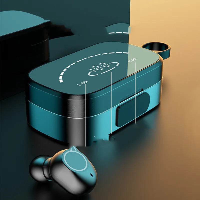 Pair of black true wireless Bluetooth 5.0 earbuds with IPX5 sweat proof and charging case
