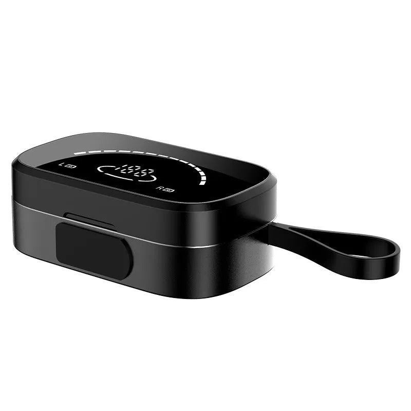 Pair of black true wireless Bluetooth 5.0 earbuds with IPX5 sweat proof and charging case
