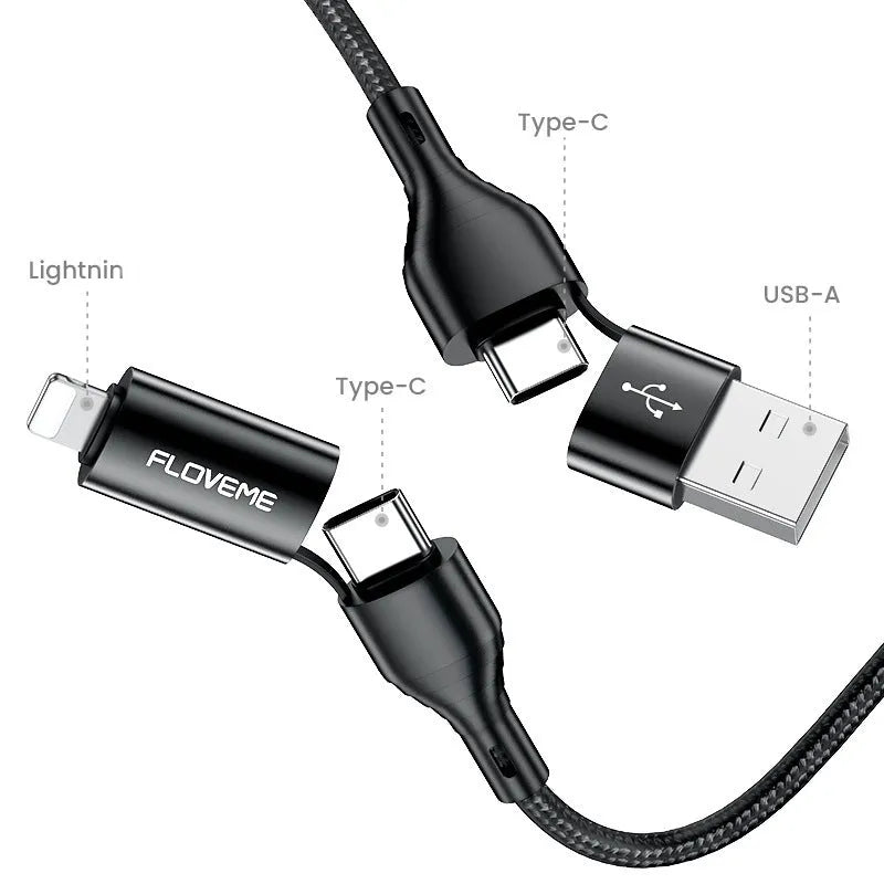 Black braided nylon 4-in-1 fast charging data cable with USB-A, USB-C, and Lightning connectors.