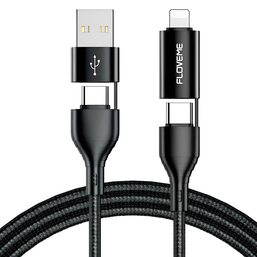 Black braided nylon 4-in-1 fast charging data cable with USB-A, USB-C, and Lightning connectors.