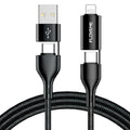 Black braided nylon 4-in-1 fast charging data cable with USB-A, USB-C, and Lightning connectors.