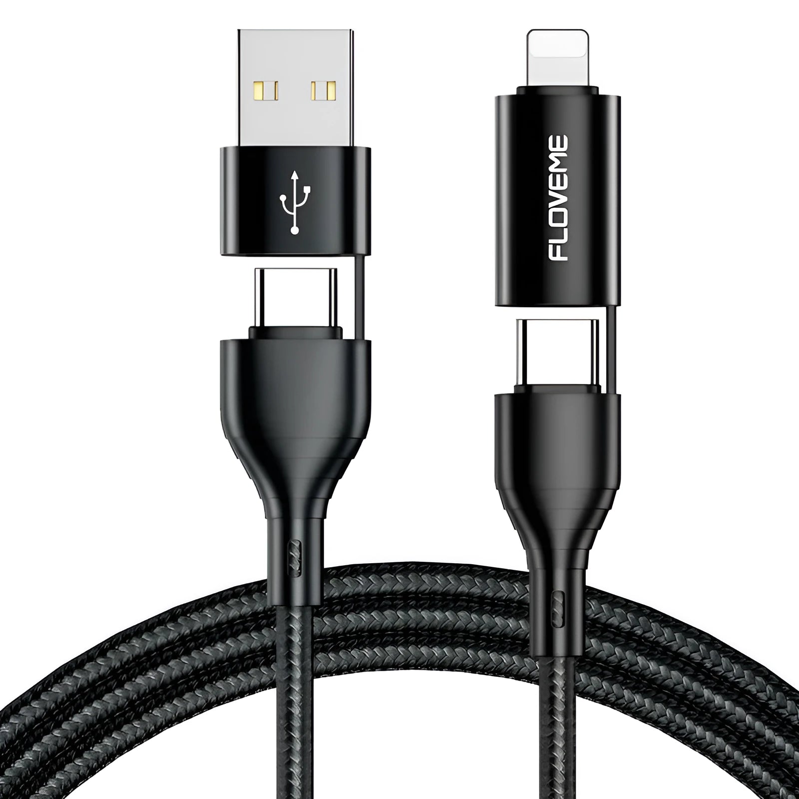 Black braided nylon 4-in-1 fast charging data cable with USB-A, USB-C, and Lightning connectors.