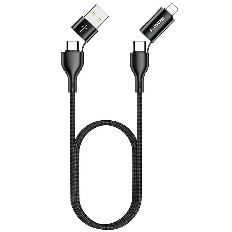 Black braided nylon 4-in-1 fast charging data cable with USB-A, USB-C, and Lightning connectors.