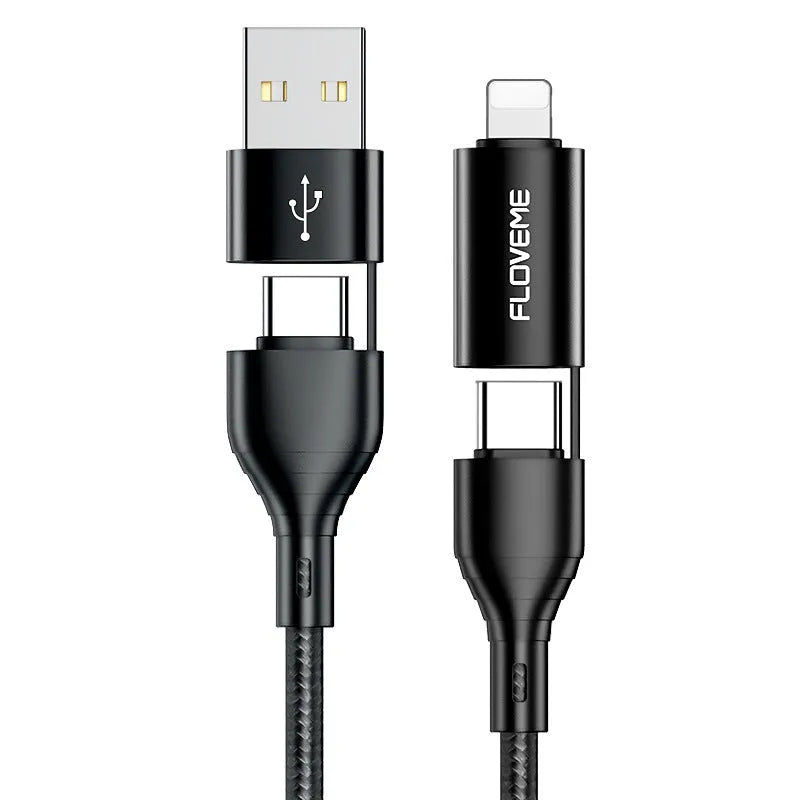Black braided nylon 4-in-1 fast charging data cable with USB-A, USB-C, and Lightning connectors.