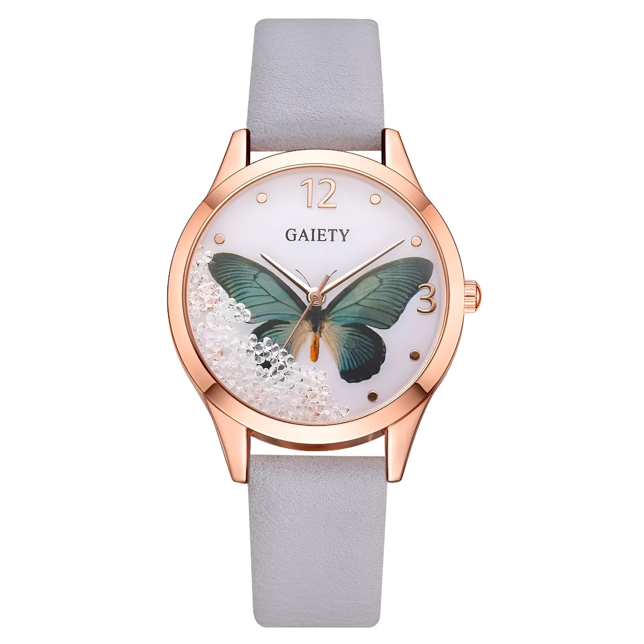 Gaiety women's wristwatch with removable rhinestone butterfly decoration on 39mm round dial