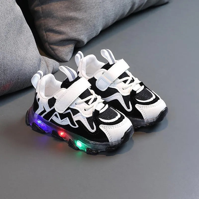 Children's bright light sports sneakers with mesh upper and Velcro fastening in black, grey, or pink colours