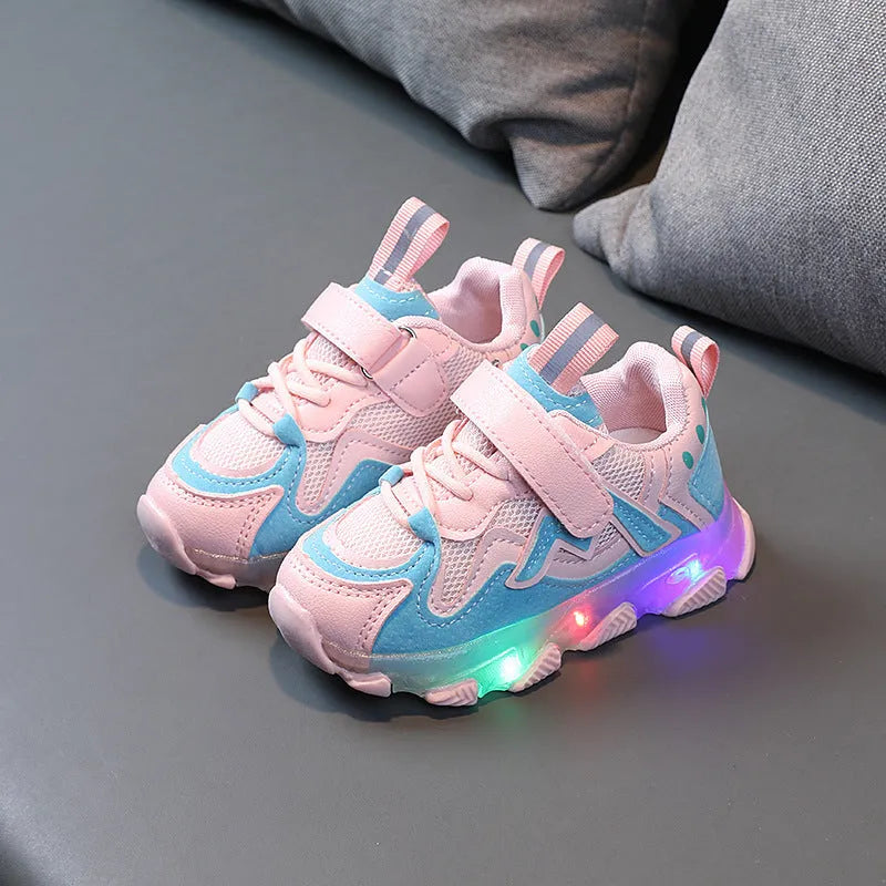 Children's bright light sports sneakers with mesh upper and Velcro fastening in black, grey, or pink colours