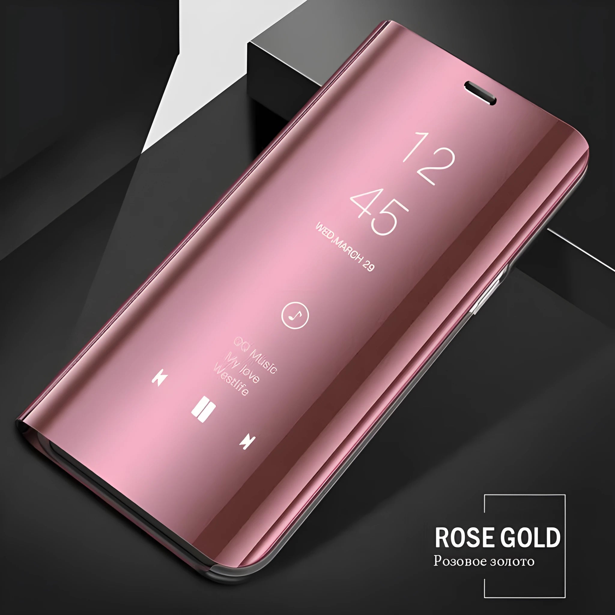 Silver mirror flip case open, showing kickstand and compatible Samsung Galaxy A50 phone.