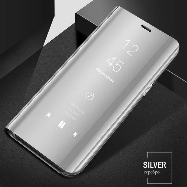Silver mirror flip case open, showing kickstand and compatible Samsung Galaxy A50 phone.